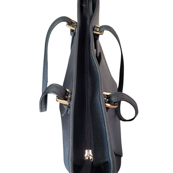 Michael Kors Sheila Medium Faux Saffiano Leather Satchel Purse Black Zip - Picture 6 of 16